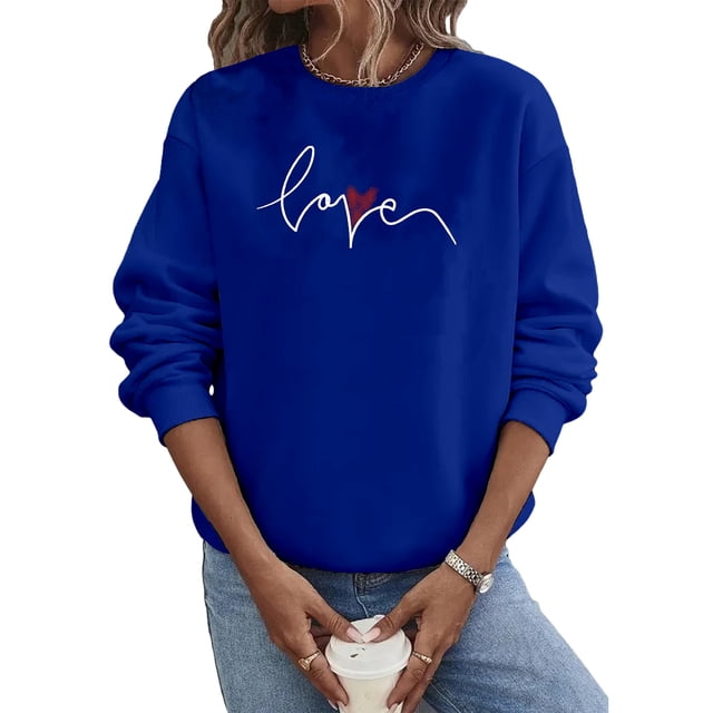 Innerwin Pullover Crew Neck Ladies Tops Sport Slogan Print Comfy Sweatshirt Blue 2XL