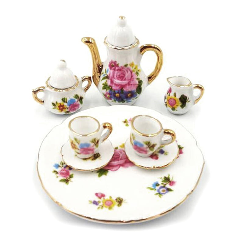 8PCS 1/24 Dollhouse Miniature Tea Set Porcelain Dish/Cup/Plate Blue White Patter 