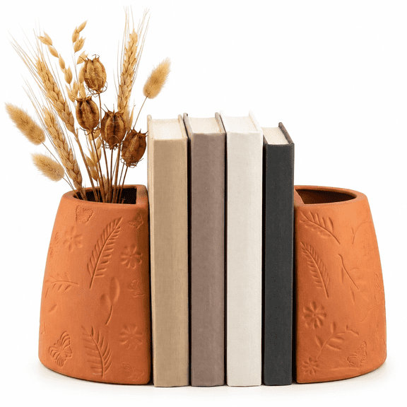 Set of 2 Terracotta Decorative Bookends with Botanical Vase Openings