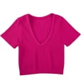 thumbnail image 4 of Ayolanni Y2K Womens Blouses V-Neck Solid Short Sleeve Blouse Fitted Crop Shirts Womens Spring Tops Pink M, 4 of 8