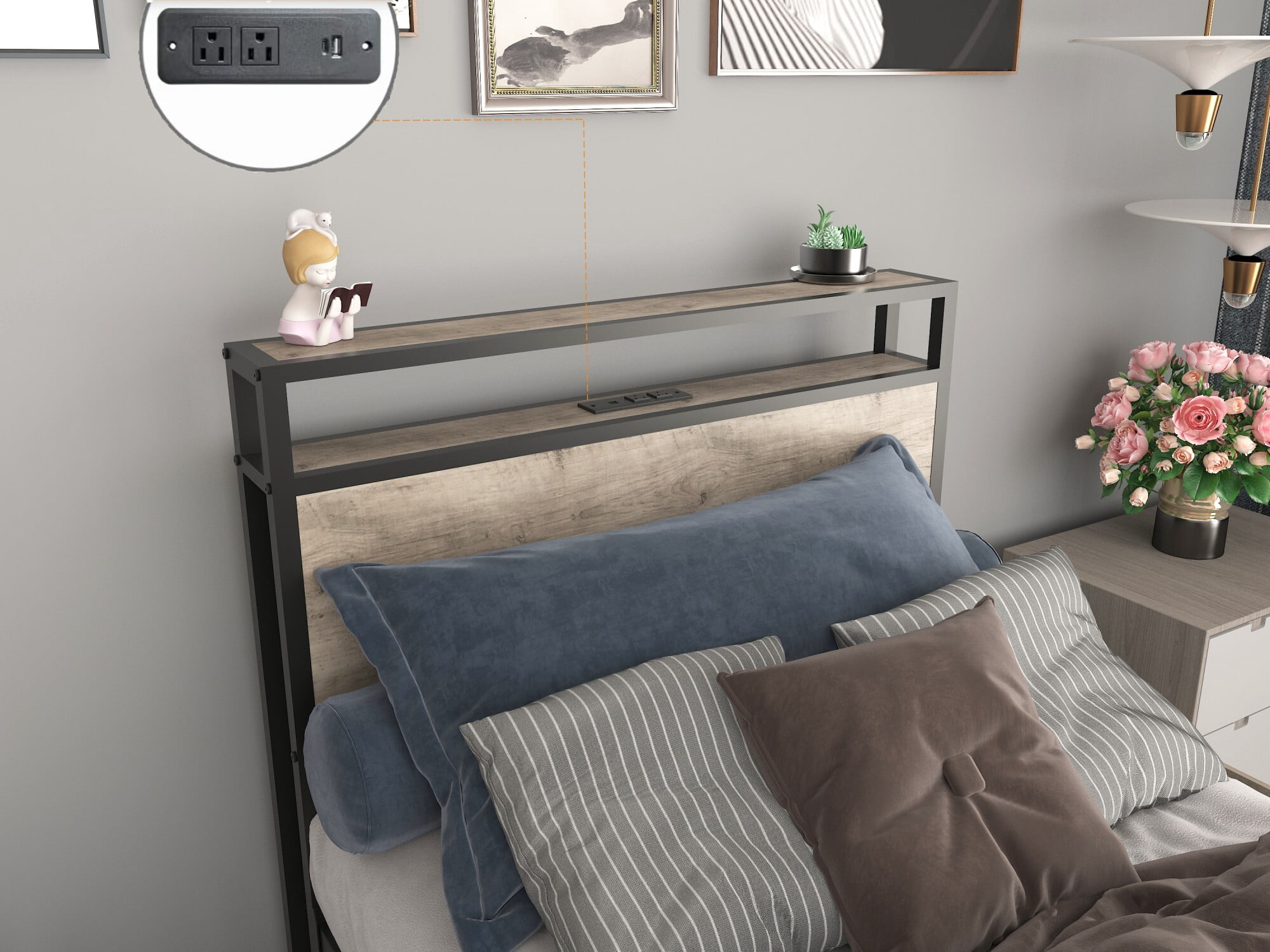 AENKYO Twin Size Bed Frame with 4 Storage Drawers, Headboard with Charging Station, RGB LED Lights, Wash Gray