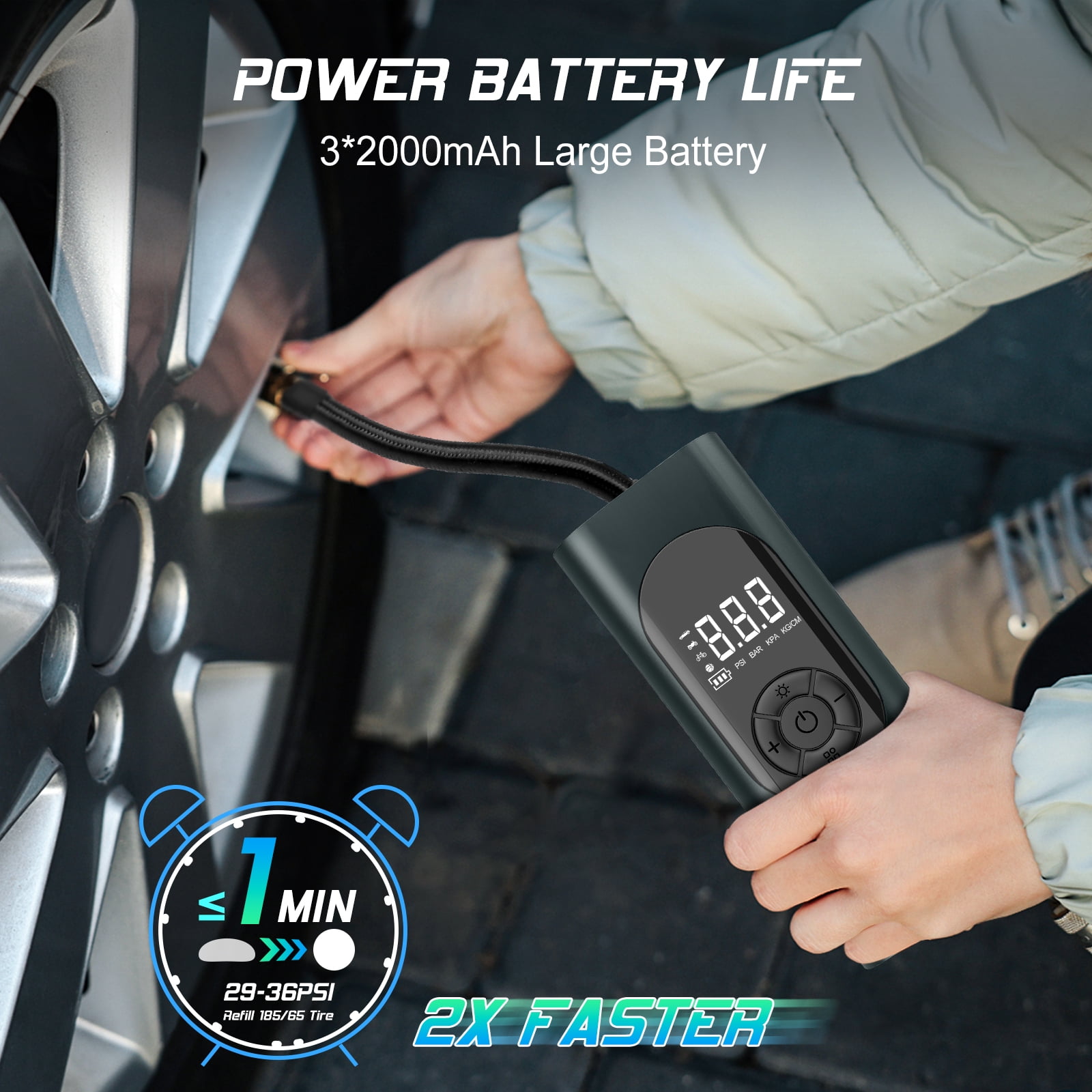 Nonstop Automotive Portable Tire Inflator Compressor 150 PSI Air Pump for Car, Bike, Motorcycle Tires, 6000 mAh Battery, 12V