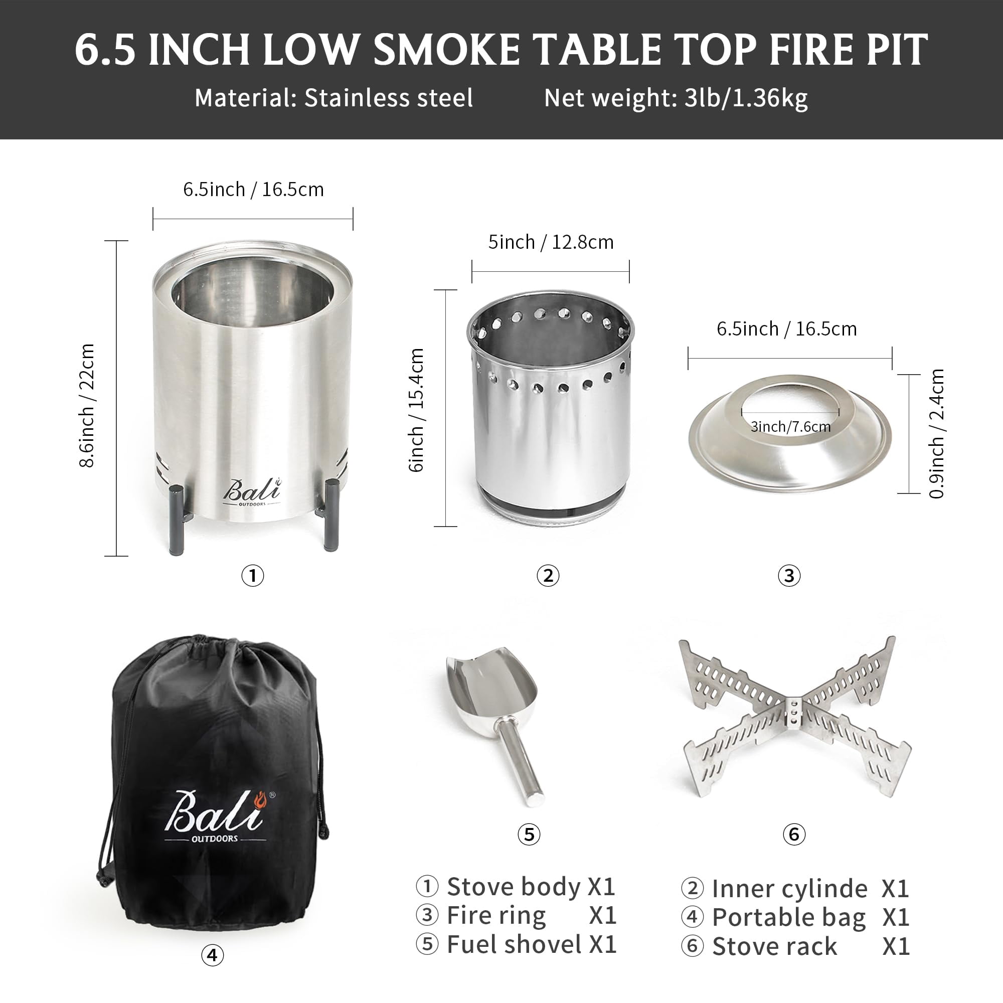 BALI OUTDOORS 8.6'' * 6.5'' Tabletop Fire Pit Round, Portable Outdoor Smokeless Firepit Silver