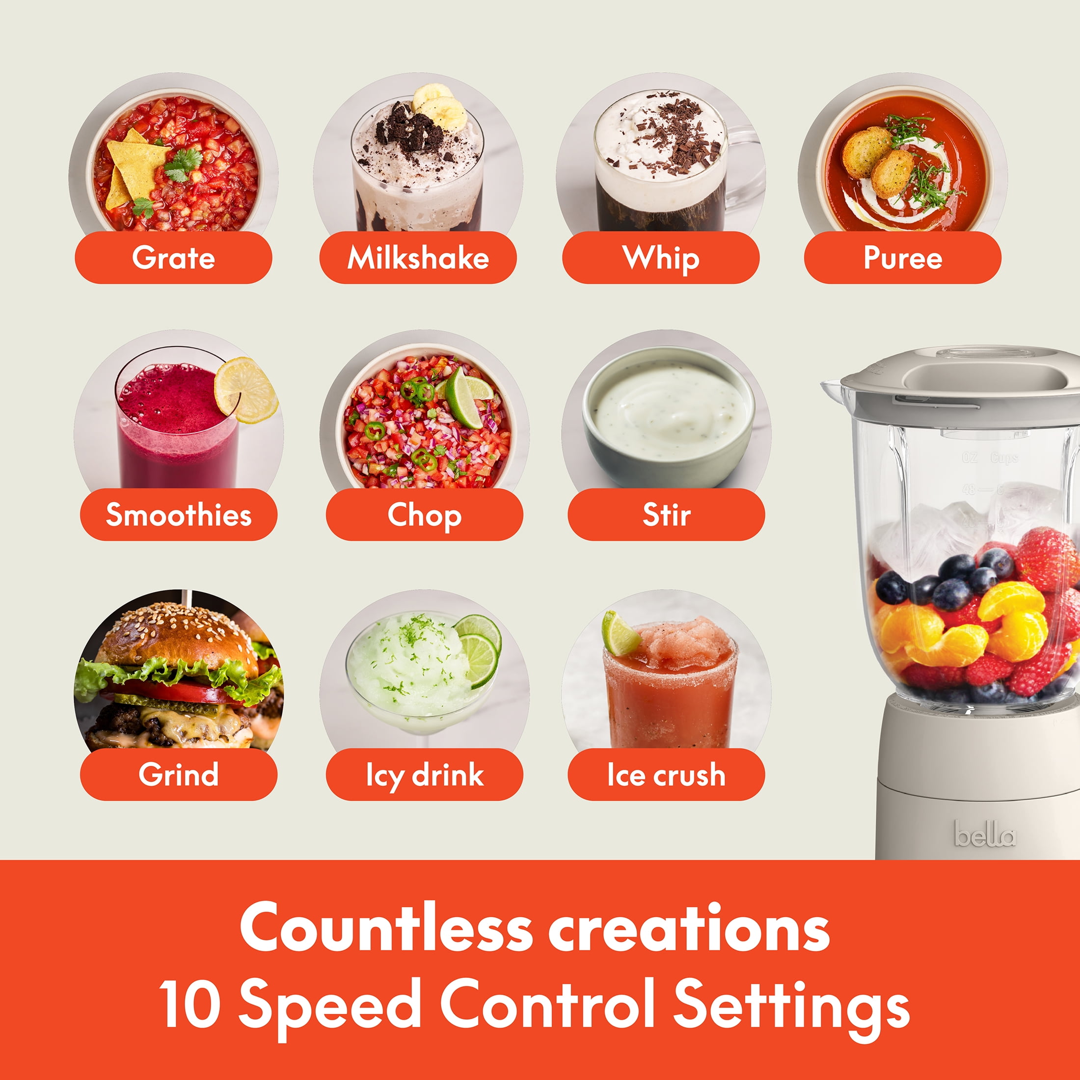 bella 10 Speed Countertop Blender, 48 oz Dishwasher Safe Pitcher, Juicer & Smoothie Maker with Fits-Anywhere™ Slim Flip & Store Design, Stainless Steel Blade, Oatmilk
