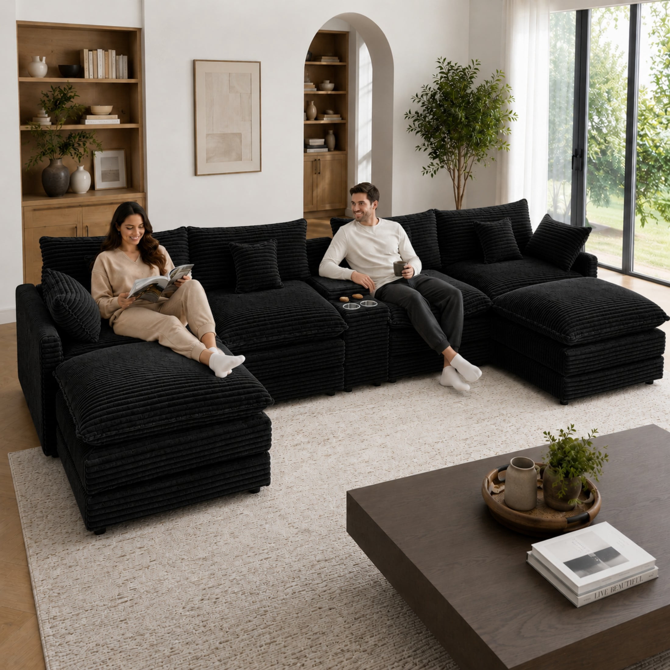 Aenkyo 141-Inch U-Shaped Corduroy Cloud Sectional Sofa with Console, Black