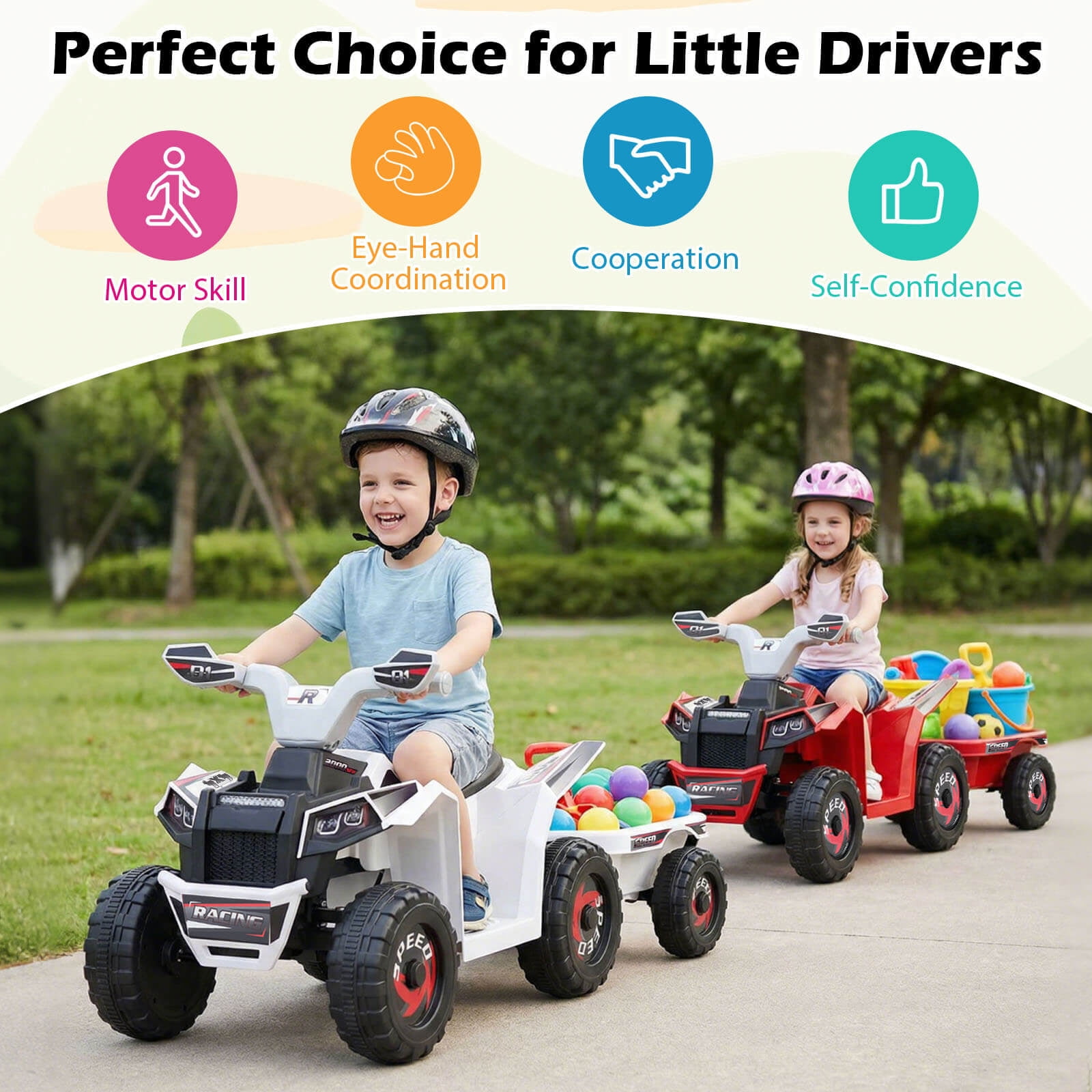 Costway Kids Electric ATV Car, 6V Battery-Powered Ride on Toy wirh Removable Back Trailer White