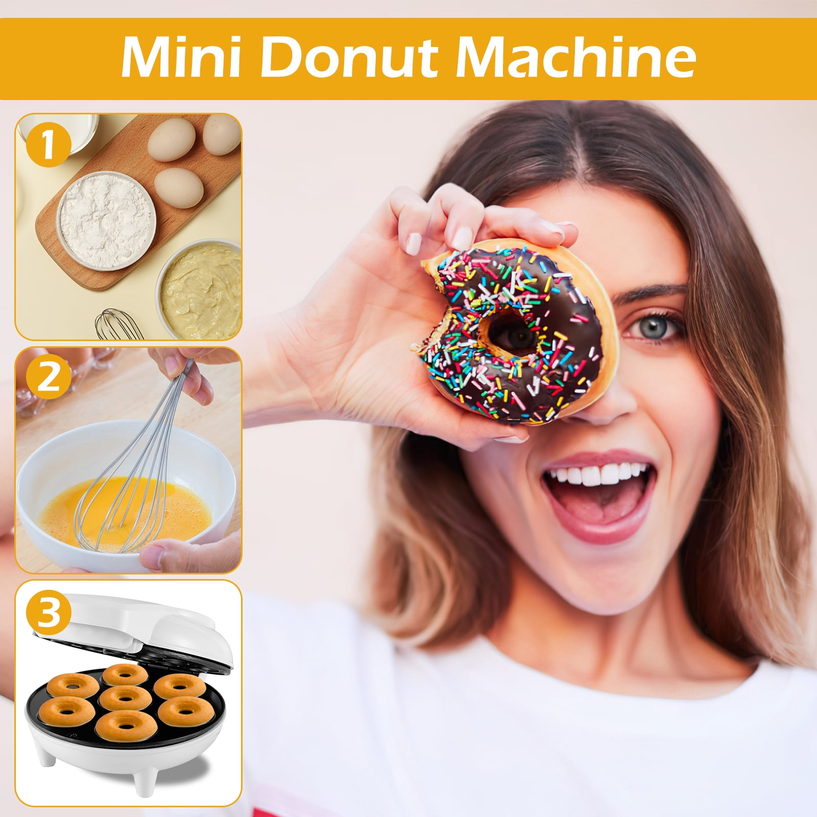 FUYGRCJ Mini Doughnut Maker, 1200W Fast Heating Donut Maker Machine, 7 Holes Round Electric Donut Maker with Anti Slip Feet, Minimalist Donut Maker, Easy Release for Breakfast Family Snacks