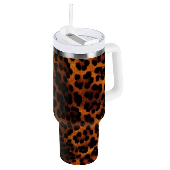 JSTEL Brown Leopard Cheetah Print 40 oz Tumbler Stainless Steel Water Bottle Vacuum Insulated Cup with Straw Lid & Handle For Travel Car Cup Holder