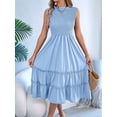 thumbnail image 4 of Women'S Ruffle Trim Flutter Sleeve Midi Dress Pleated Crew Neck Tiered Smocked Flowy Dresses Light Blue M, 4 of 9
