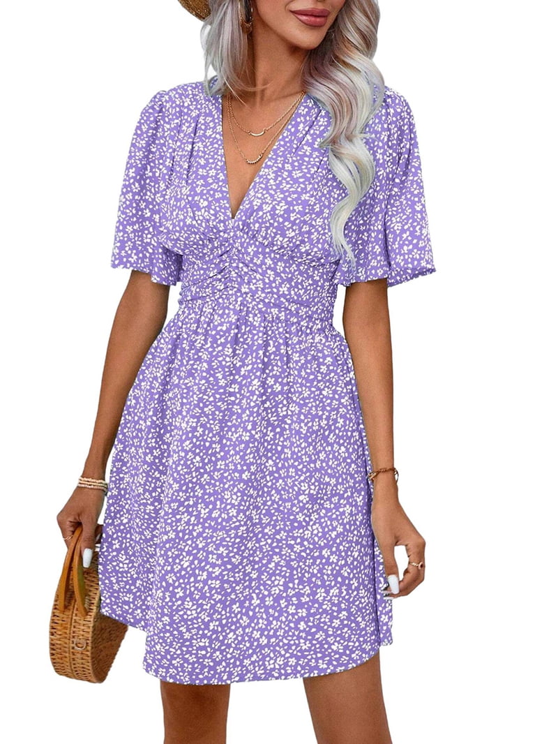 Women Summer Casual Floral Print Short Flutter Sleeve Mini Dress Casual Sundress V Neck Sun Dresses L