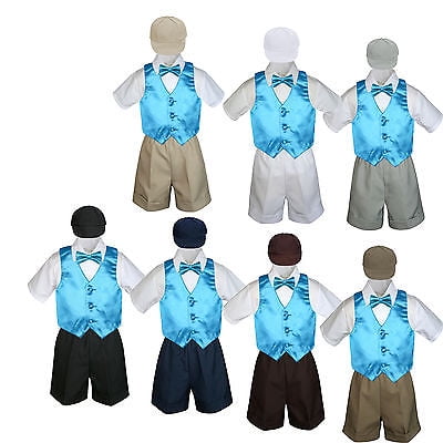 2T Leadertux 5pc Formal Baby Toddler Boys Turquoise Vest Navy Shorts Suits Hat S-4T