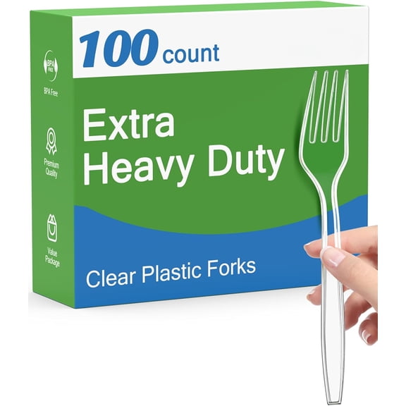 100 Count Extra Heavy Duty Clear Plastic Forks Disposable, BPA-Free, Heat Resistant, Solid and Durable Disposable Forks Bulk, Premium Plastic Forks heavy duty for Party Supply