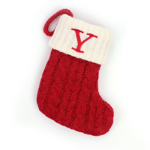 Diconna Christmas Present Sock, Lettering Initials Snowflake Pattern Knit Cartoon Stockings Cloth Gift Container Decorative Bag