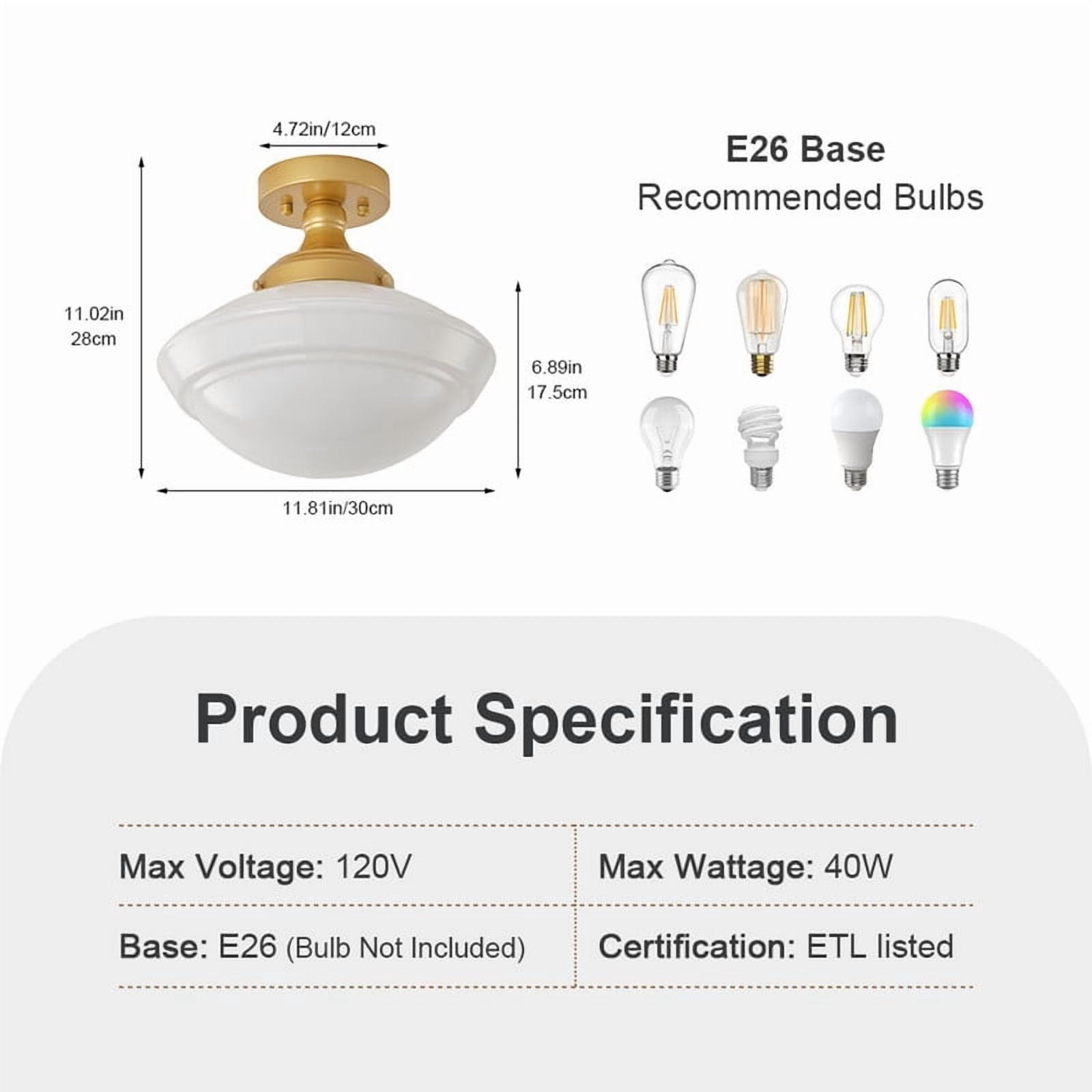 11.81 inch Semi Flush Mount Ceiling Light, Modern Close to Ceiling Light with Frosted White Glass Shade, for Kitchen, Hallway, Patio (E26 Base)