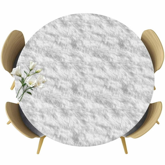 White Fur Patterned Round Tablecloth 45-54 Inch Round Fitted Table Cloth with Elastic Edge, Pure Solid Minimalist Modern Color Waterproof Table Cover Protector for Outdoor Picnic Party Dining