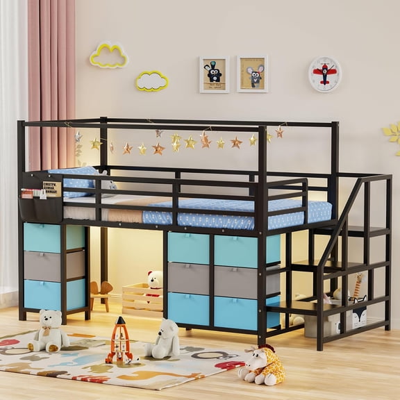 Twin Loft Bed with Stairs, 9 Storage Drawers, ,Bedside Storage and LED Lights, Metal Twin Loft Bed for Guardrail, Under-Bed Play Space,Black