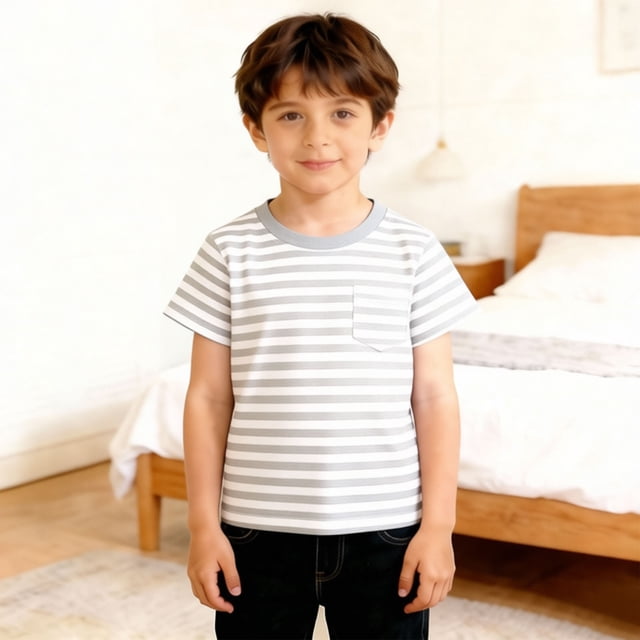 T-shirt Classique à Rayures Col Rond pour Enfants Manches Courtes Décontracté Doux Confortable pour Jouer au Quotidien