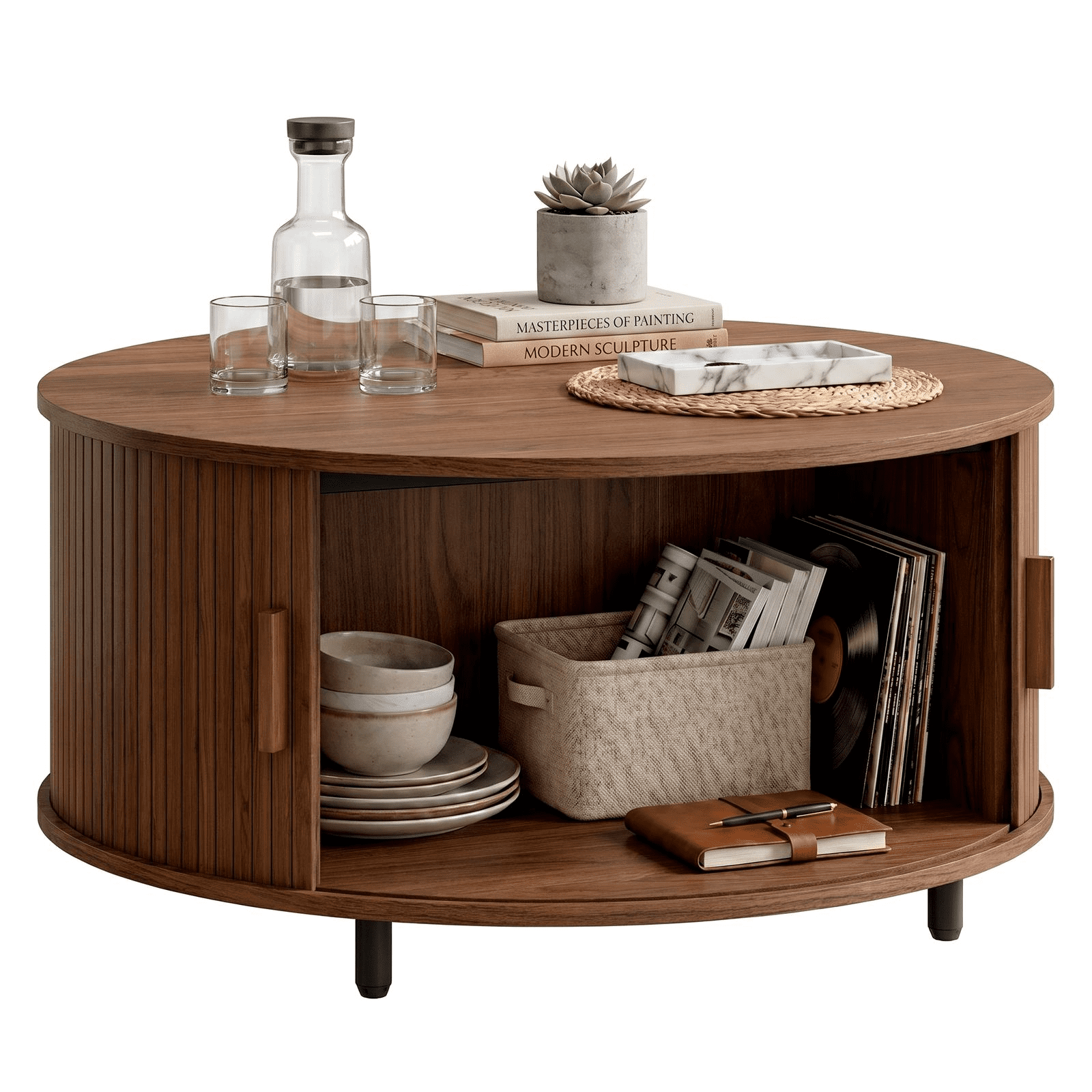 ROGALIS 31.5" Round Coffee Table with Storage, Modern Coffee Table with 360° Curved Sliding Door, Fluted Wood Coffee Table with Adjustable Footpads for Living Room, Walnut