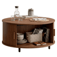 thumbnail image 2 of ROGALIS 31.5" Round Coffee Table with Storage, Modern Coffee Table with 360° Curved Sliding Door, Fluted Wood Coffee Table with Adjustable Footpads for Living Room, Walnut, 2 of 6