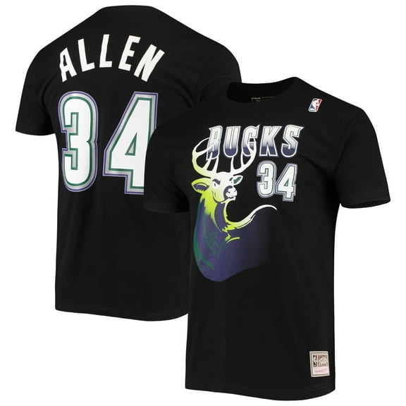 Men's Mitchell & Ness Ray Allen Black Milwaukee Bucks Hardwood Classics Stitch Name & Number T-Shirt