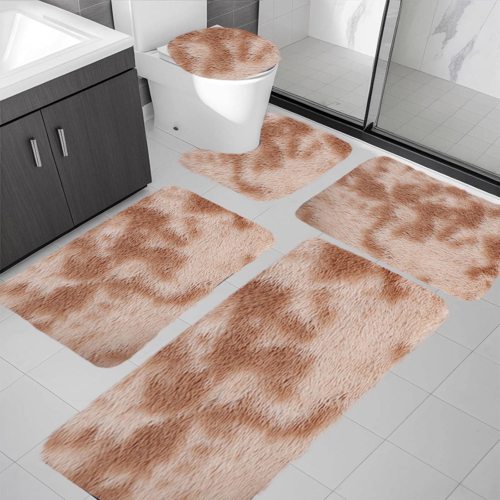 AuroraX Bathroom Rugs Sets 5 Piece,Soft Washable Non Slip Yellow Bathroom Runner Rug with Toilet Rug U Shaped Home Bathroom Decor Farmhouse