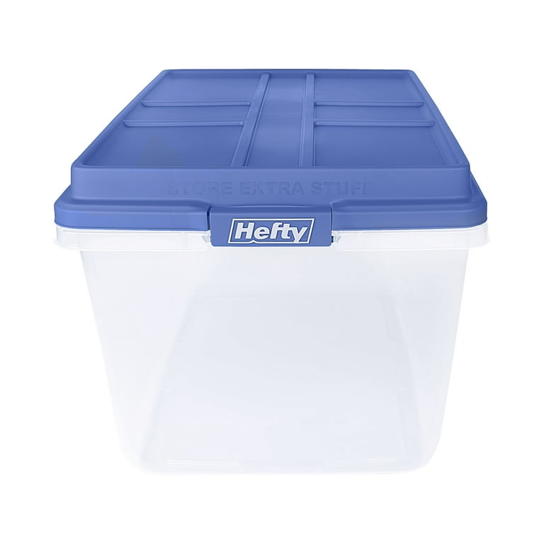 Hefty 72 qt. Clear Plastic Storage Bin with Blue Hi-Rise Lid, 6 Pack