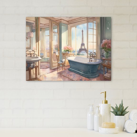 Designart "Bathtub Bliss With A View Of The Eiffel Tower II" Bathroom Floral Canvas Print