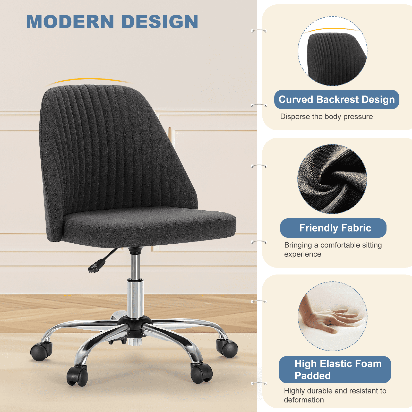 Gianna Home Office Desk Chair, Office Chairs Desk Chair Rolling Task Chair Computer Chair Adjustable with Wheels Armless for Bedroom, Vanity Chair for Makeup Room, Living Room