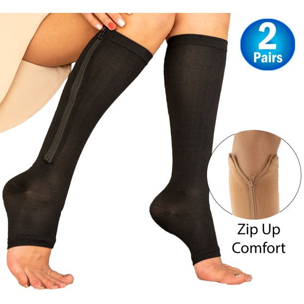 2 Pairs Zipper Pressure Compression Socks Support Stockings Leg - Open ...