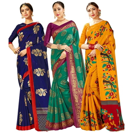 Pack of Three Sarees for Women Mysore Art Silk Printed Indian Saree, Wedding Ethnic Gift Sari Combo