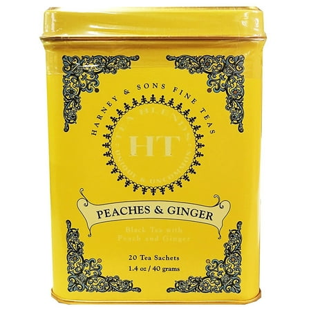 Harney & Sons Peaches and Ginger Tea Tin Can - Caffeinated and High Quality, Great Present Idea - 20 Sachets, 1.4