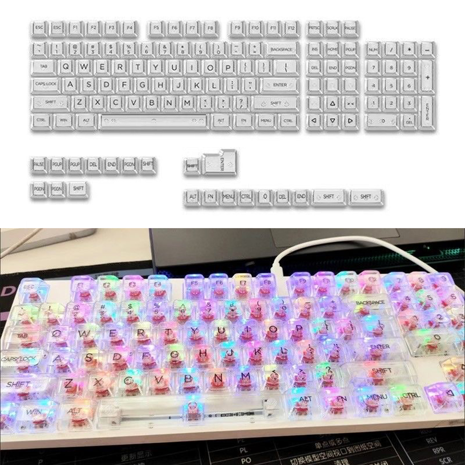 1Set Backlit Translucents Keycap 132Keys CBSA Height Crystal Keycaps for Mechanical Keyboards