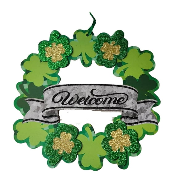 St Patrick's Day Shamrock Wreath with Gray Welcome Sign, Round Glittery Clover Leaf Wall Decor Plaque Home Window Indoor Outdoor Holiday Party Ornament Festive Decoration & CUSTOM Storage Carrier