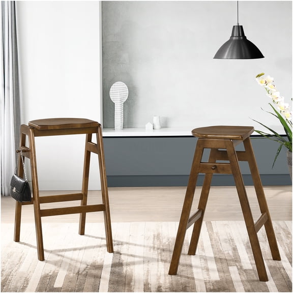 Mid-Century Modern Stackable Barstools Set of 2, Rubberwood Counter Height Stools with Walnut Finish