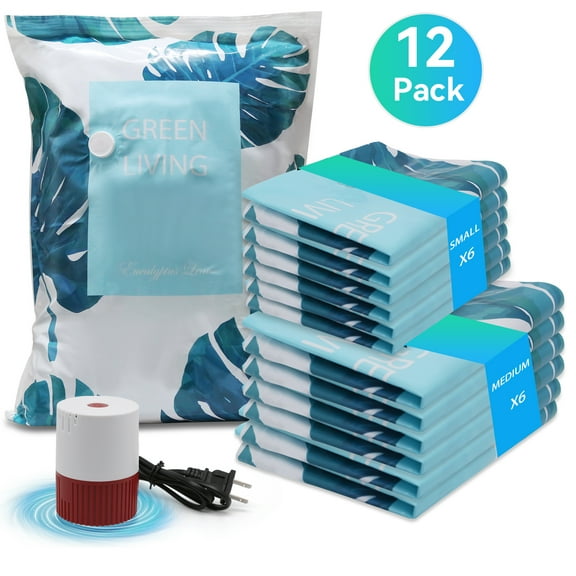 Qissep 12 Pcs Vacuum Cleaners Storage Bags with Electric Pump,Space Saver Bags (6 Medium/6 Small) Vacuum Seal Bags for Clothing,Toys,Pillows and Travel
