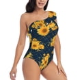 thumbnail image 3 of Sikiie Blue Striped Sunflower A Print Women One Piece Swimsuits Tummy Control One Shoulder Bathing Suits Ruffle Swimwear, From S to XXL-Medium, 3 of 6