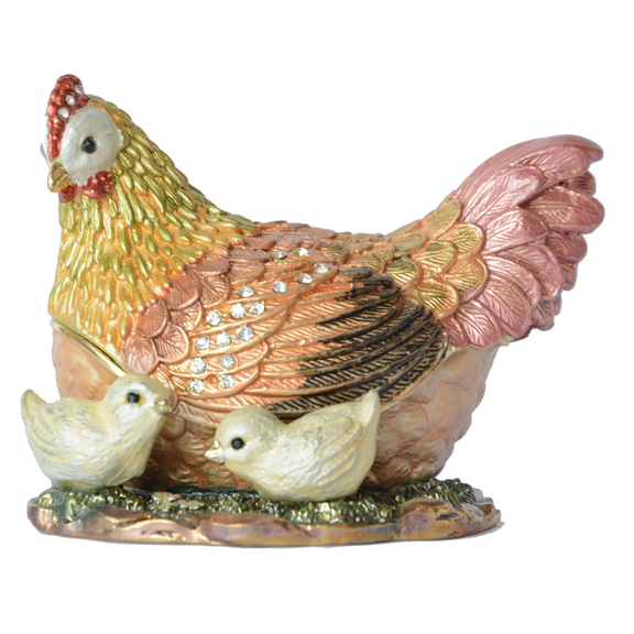 Crystal Jeweled Nesting Hen With Baby Chicks Trinket Jewelry Pill Box Animal Figurines