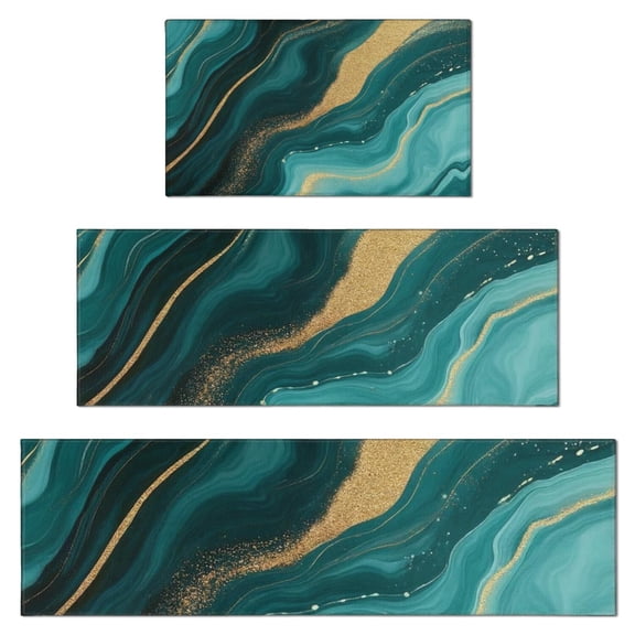 Teal Gold Marble Pattern Kitchen Rugs Sets Of 3,Kitchen Runner Rugs Non Skid Washable,Decorative Kitchen Floor Mats for Kitchen,Sink,Laundry,17"x30"  17"x47"   17"x59"