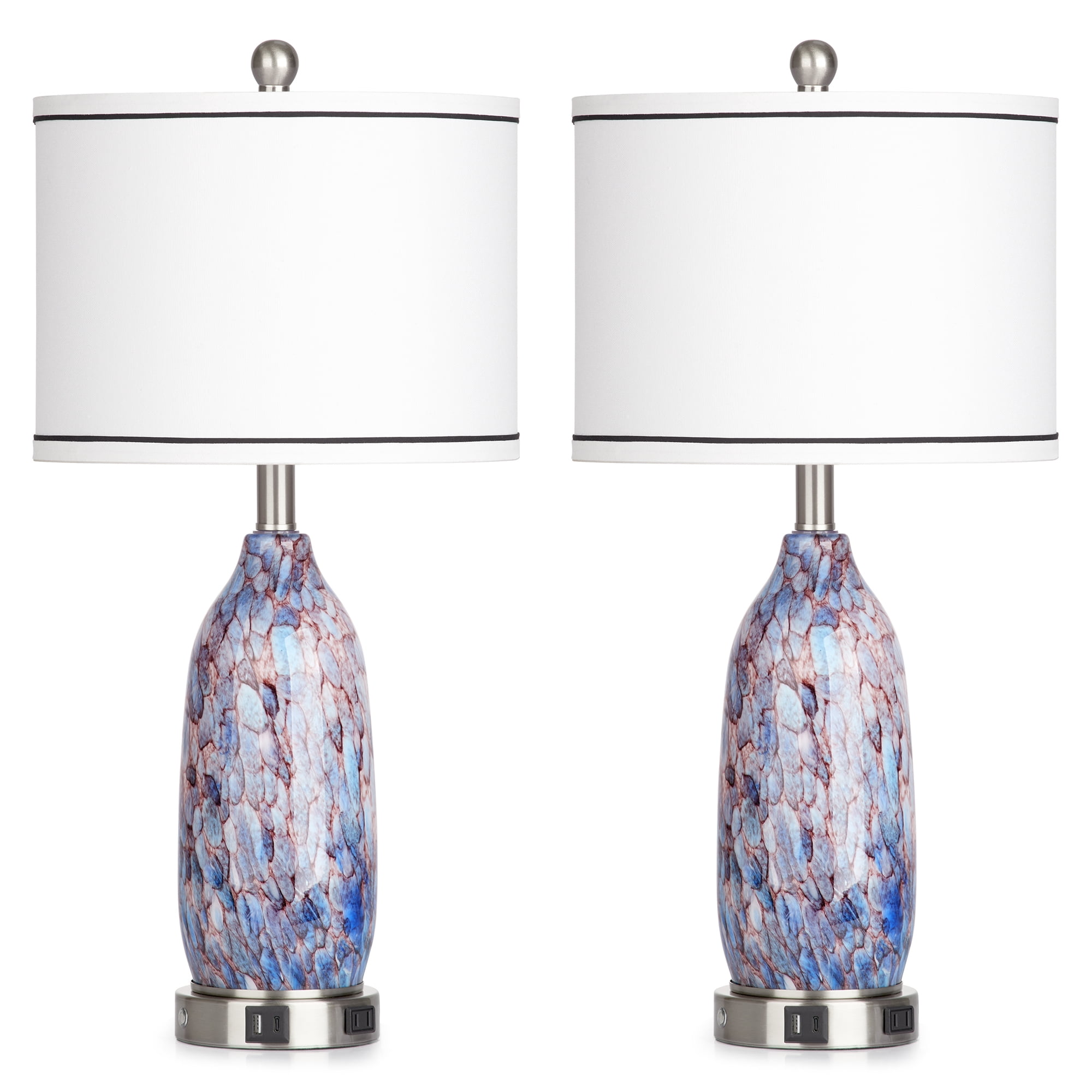 Cinkeda Cosatal Glass Table Lamps Set of 2 for Living Room Bedroom 3 Way Dimmable Touch Control Bedside Nightstand Lamp with USB A+C Ports AC Outlet Nightlight