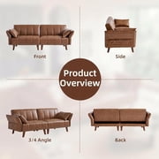 83 Faux Leather Sofa,Mid Century Modern Convertible Futon Sofa Bed with Adjustable Armrest and Backrest,2 Pillows for Living Room,Office,Brown