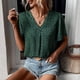 thumbnail image 2 of Camisa de mujer con cuello en V, manga corta, estampado único, blusa informal de moda para fiesta, compras, oficina, verde oscuro M, 2 of 8