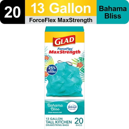 Glad Forceflex Maxstrength Scented Tall Kitchen Trash Bags, 13 Gallon, Bahama Bliss With Febreze Freshness, 20 Bags