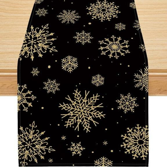 Christmas Table Runner, Snowflake Decorations Black Gold Christmas Runner for Table Seasonal Chriatmas Winter Holiday Decor for Indoor Outdoor Dining Table Decorations (13'''' x 72'''')