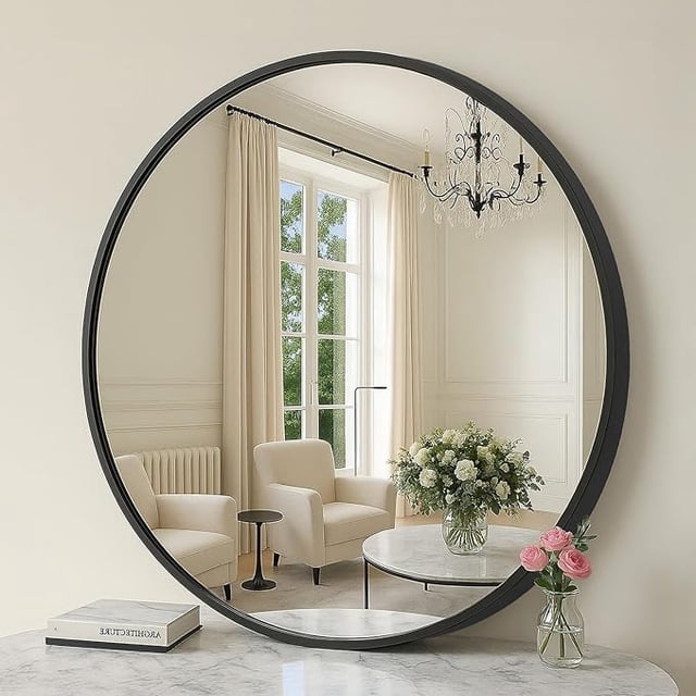 SONGMICS HOME Round Mirror, Bathroom Mirror, 16 Inches, Metal Frame, for Living Room, Ink Black