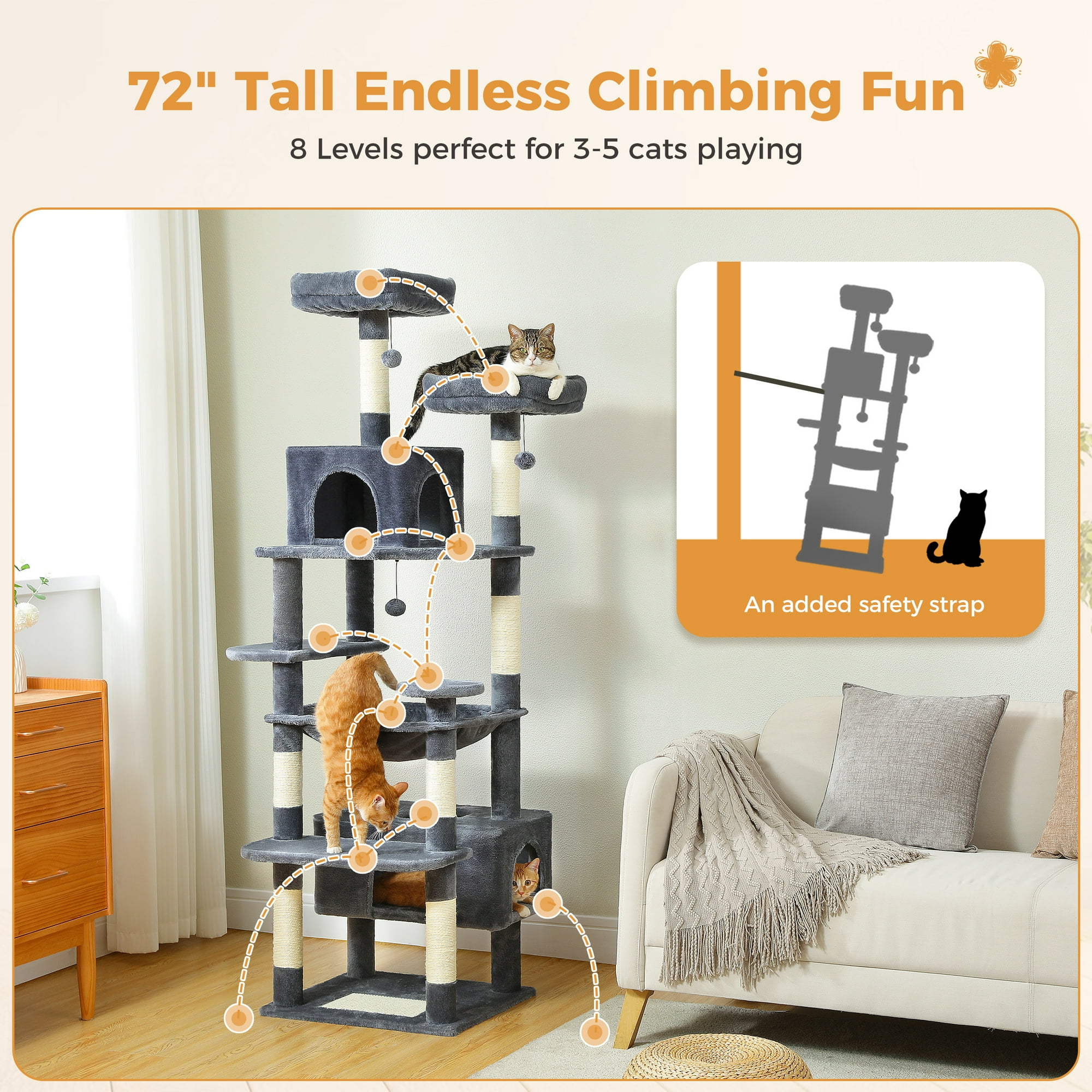 Pefilos 72" Cat Tree Tower for Large Cats, Indoor Cat Condo with Sisal-Covered Scratching Posts and Pads, 2 Padded Perch, Dark Gray Pefilos 72" Cat Tree Tower for Large Cats, Indoor Cat Condo with Sisal-Covered Scratching Posts and Pads, 2 Padded Perch, Dark Gray