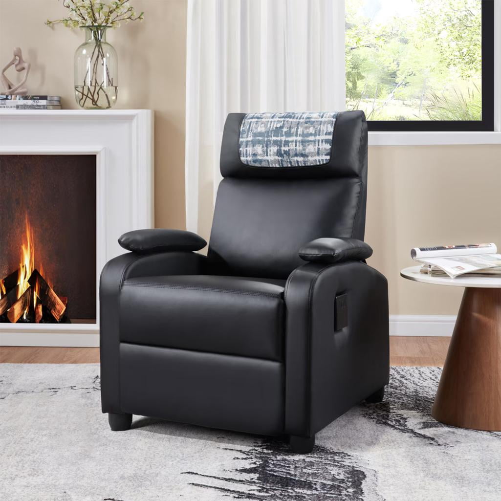 Recliner Chair Manual Reclining Sofa Comfortable Arms Back Support Living Room Home Theater Lounger Black With Cup Holder(Black)