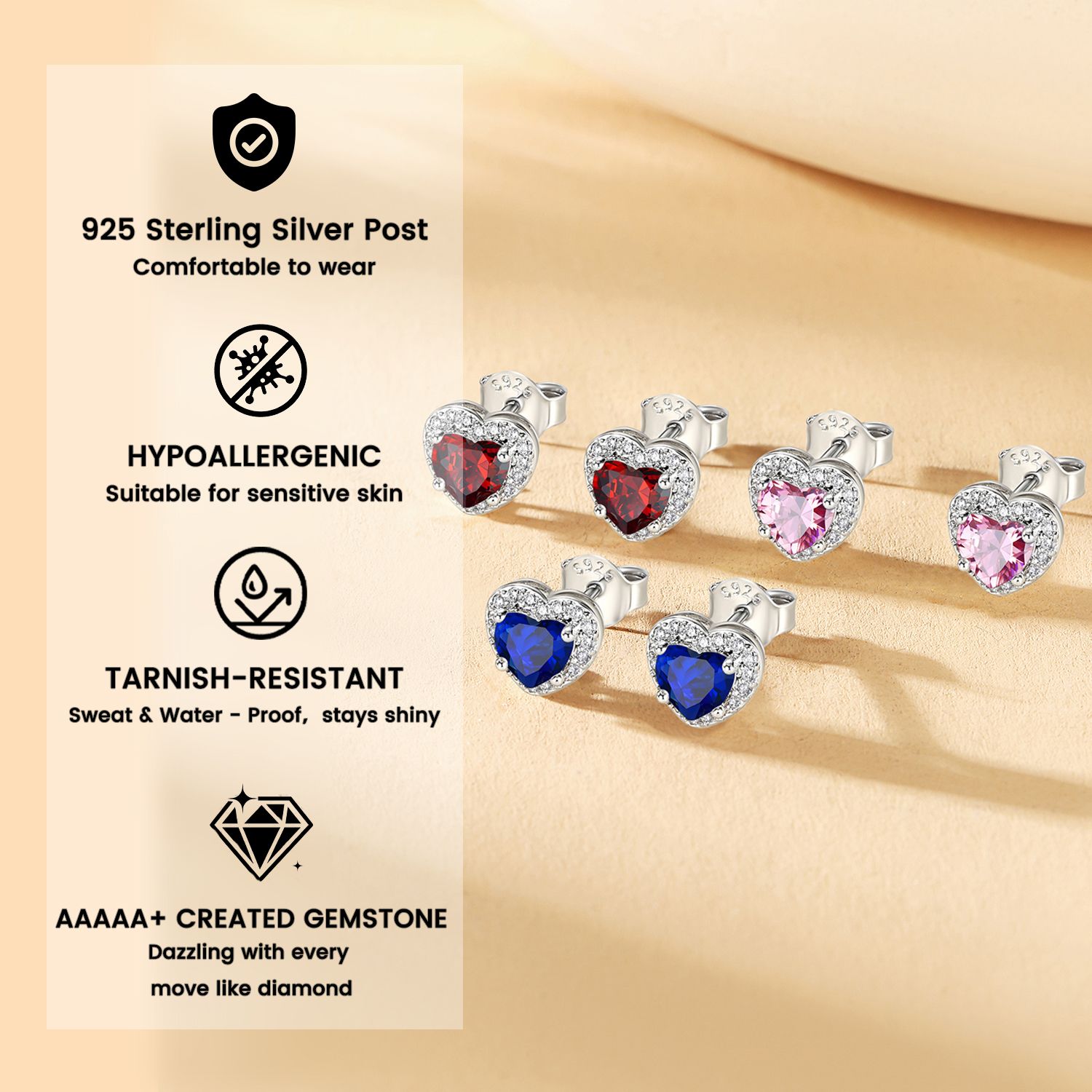 Bestyle Heart Stud Earrings with Created Sapphire photo 3