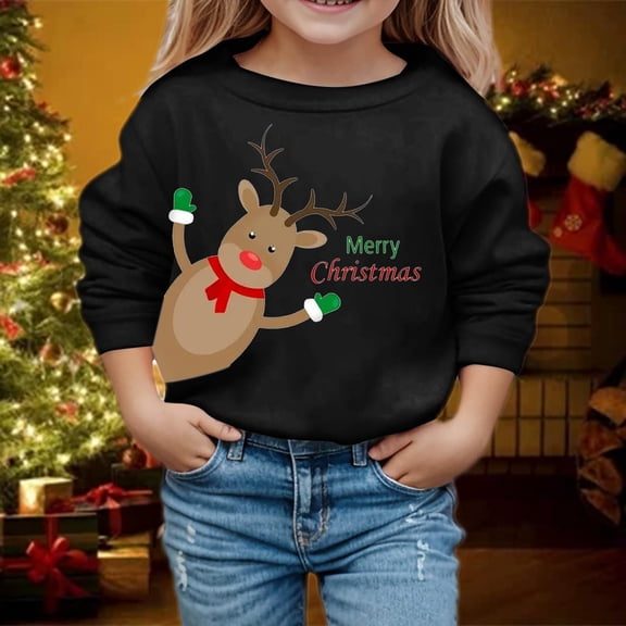 Crewneck Sweatshirt Kids Christmas Print Pullover Crew Neck Long Sleeve Hoodless Sweatshirt Black 4-5 Years