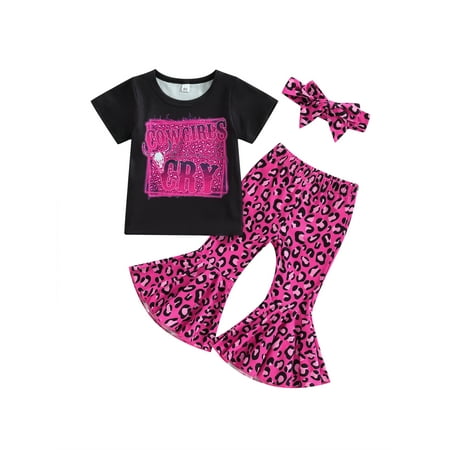 

IZhansean 3Pcs Toddler Baby Girls Western Clothes Short Sleeve Letter T Shirt Tops Leopard/Bull Print Flare Pants Set Rose Red 12-18 Months