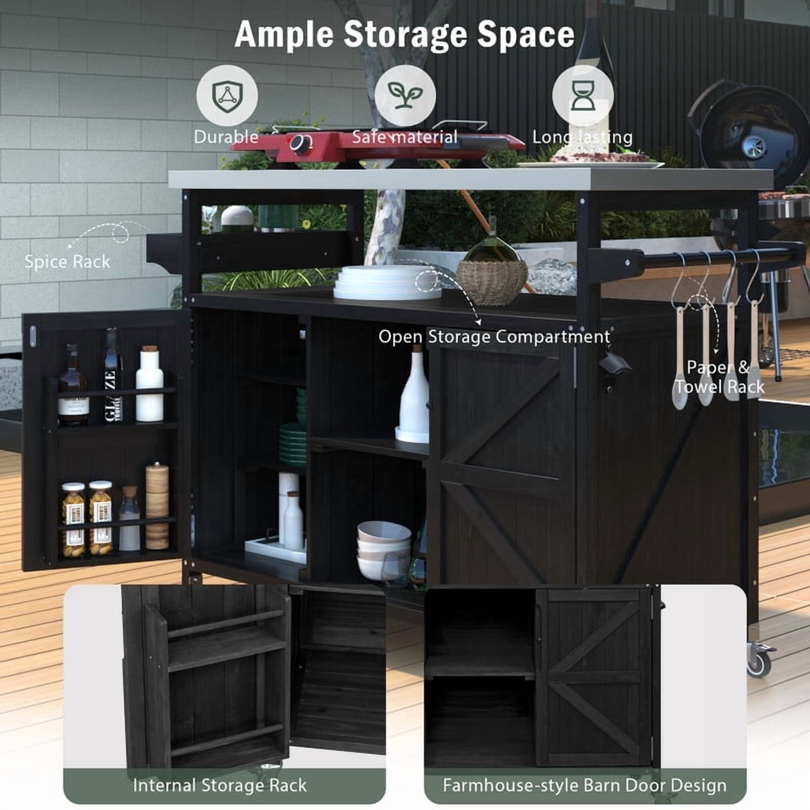 Outdoor Kitchen Island with Stainless Steel Top, Wood Grill Cart Storage Cabinet with Adjustable Shelf, Outdoor Grill Table with Spice Rack & Towel Rack